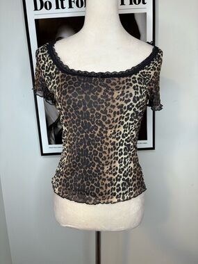 Y2K Leopard Print Slim Fit Short Sleeve Top - Black Trim